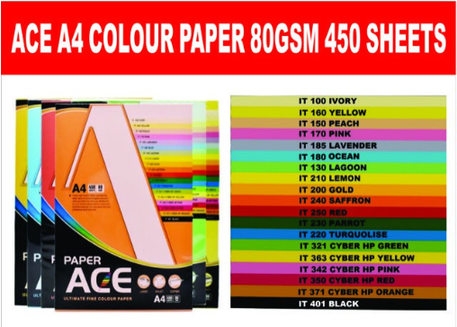 ACE A4 COLOUR PAPER 80GSM 450 SHEETS ACE ULTIMATE FINE COLOUR PAPER _ I BOX / 5 REAM