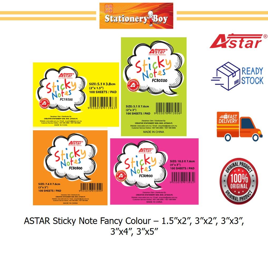 ASTAR Sticky Note Fluorescent Colour / Nota Berpelekat Sendiri - 1.5"x2", 3"x2", 3"x3", 3"x4", 3"x5"