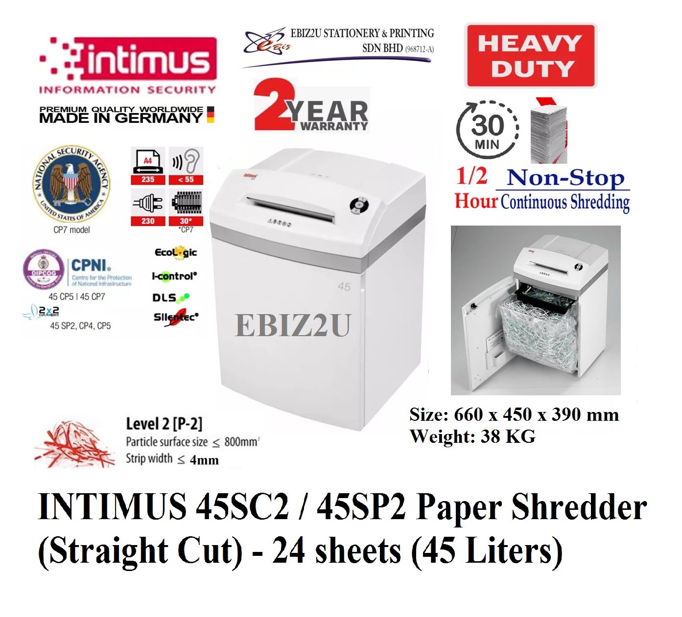 INTIMUS 45 SP2/SC2 Paper Shredder (Shred Capacity: 24 Sheets, Strip Cut: 3.8mm, Bin Capacity: 45 Liters)_Made in Germany