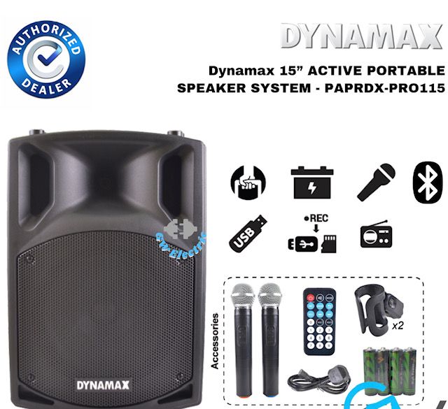 DYNAMAX PRO115A 350watt Portable Speaker / USB / FM / WIRELESS MIC/ Bluetooth (15 Inci)
