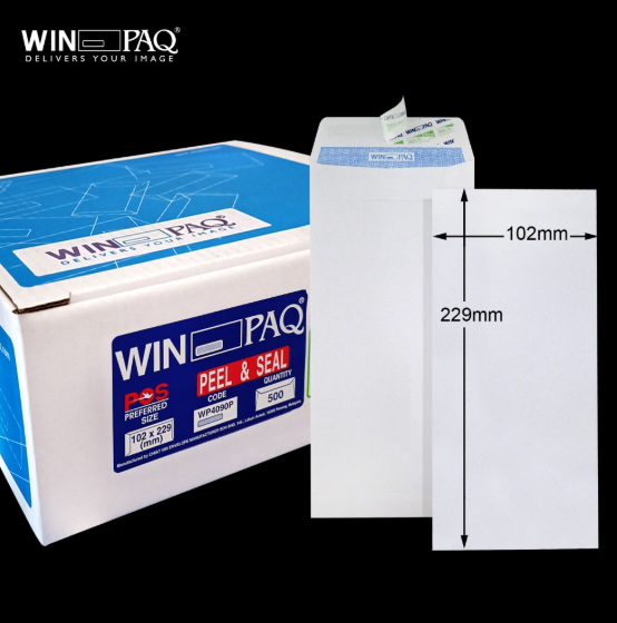 WINPAQ 4"X9" WINPAQ 100GM WHITE OPAQUE P&S POCKET ENVELOPE (500'S X 2 BOXES)