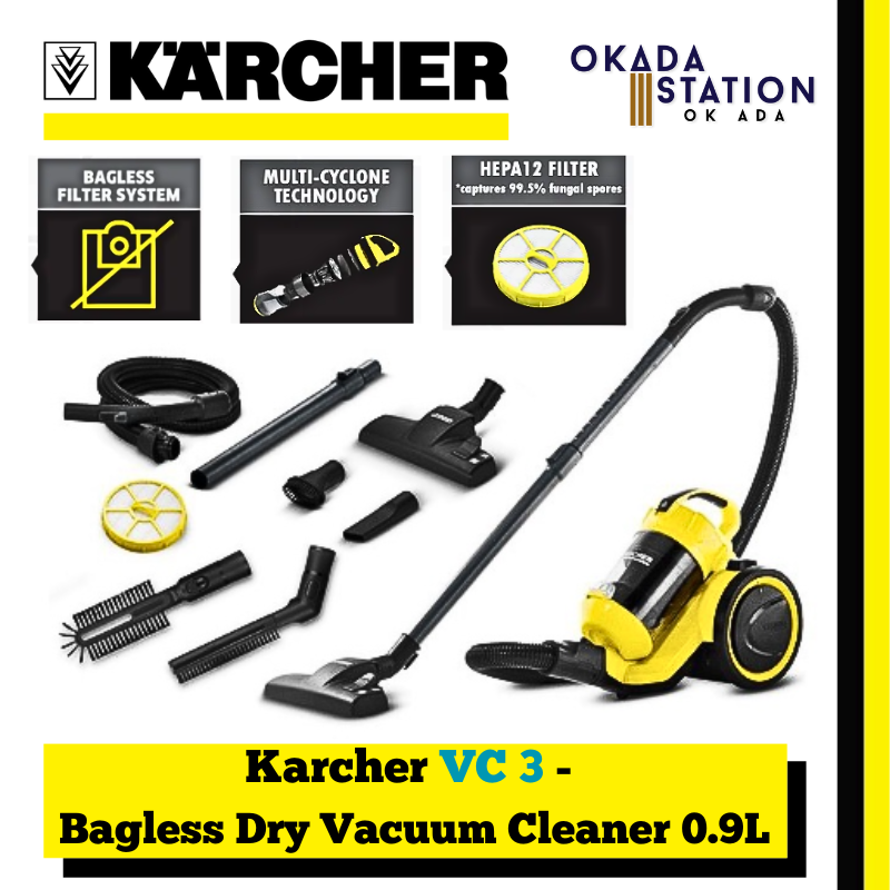 Karcher VC 3 - Bagless Dry Vacuum Cleaner 0.9L / Bagless Vacuum Cleaner / Vacuum Cleaner / Dry Vacuum Cleaner / Small Vacuum / Corded Bagless Vacuum Cleaner / 0.9L Container Capacity