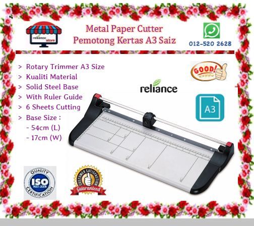 Reliance Paper Cutter - A3 Size / Paper Trimmer - 18" inci / Rotary Trimmer / Pemotong Kertas A3 dan A4 # 6 Sheets Cutting Capacity # GENMES 13032 # RP0684 ( KTT : 1 Unit )
