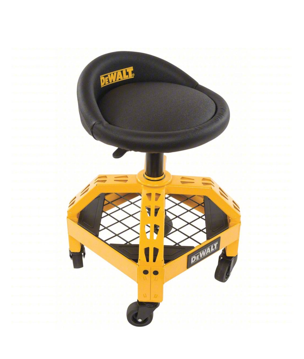 DEWALT Shop Stool: 23 1/2 in Overall Ht, Pneumatic Lever, 22 1/2 in min to 26 3/4 in max, Round