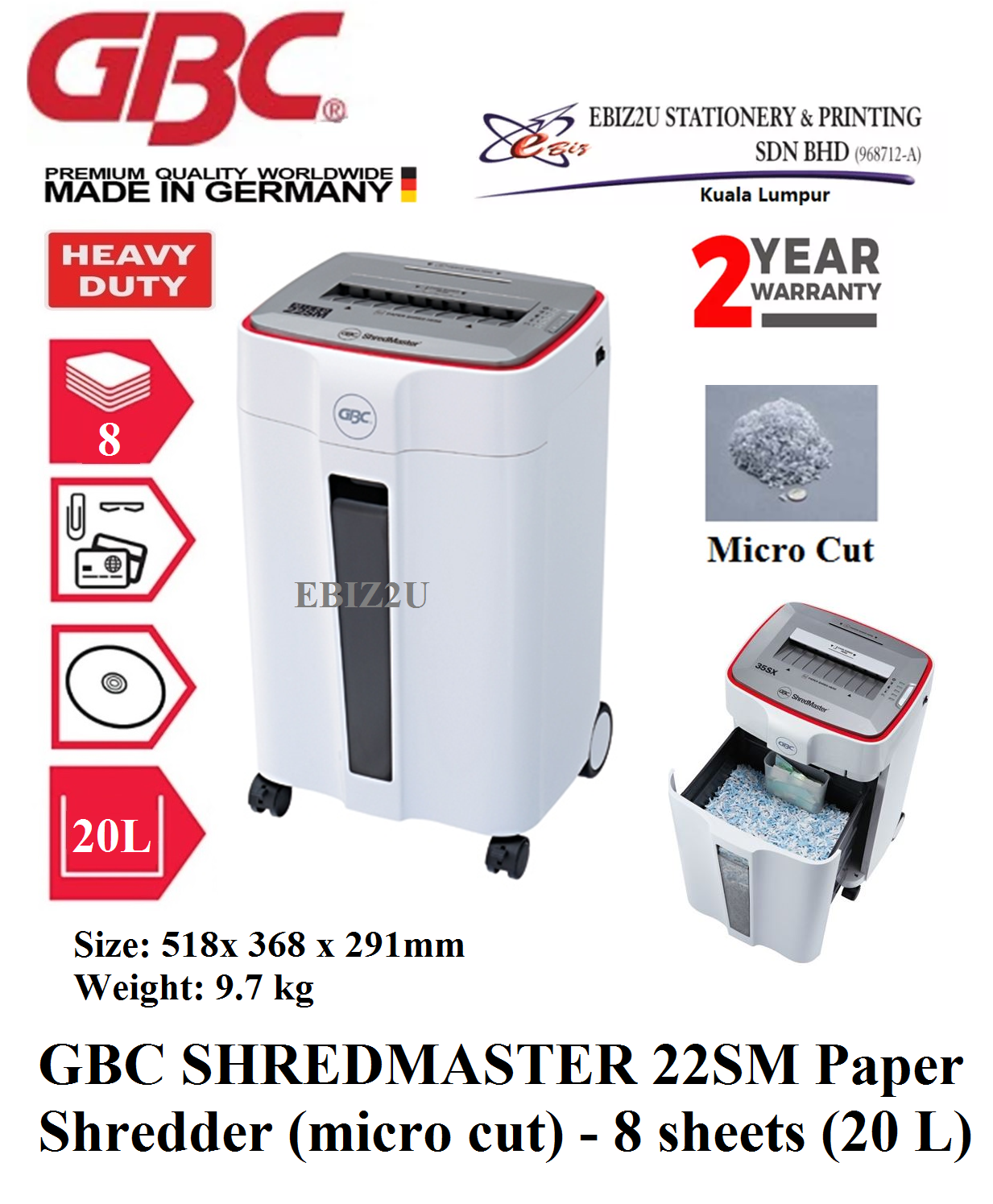 GBC SHREDMASTER 22SM Paper Shredder (micro cut) - 8 sheets (20 L) (Micro Cut, Paper Shredder, Shredder Machine, Office Shredder, Heavy Duty Shredder, Mesin Penghancur Kertas)