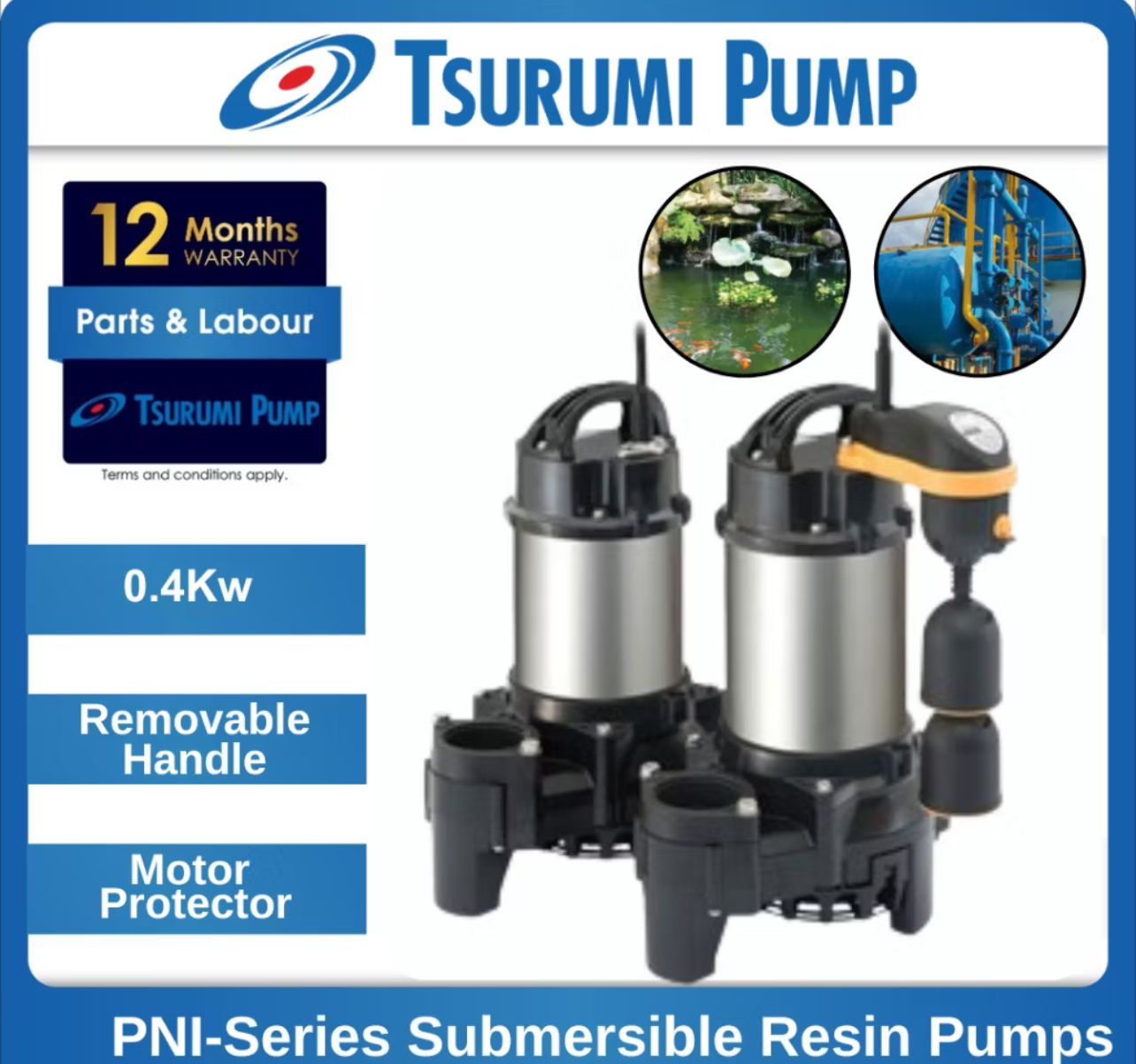 Tsurumi Pump Tsurumi 50PNI2.4S (400W) 50mm Submersible Koi Pump/Pond Pump/Semi-Vortex Fiber (Automatic)