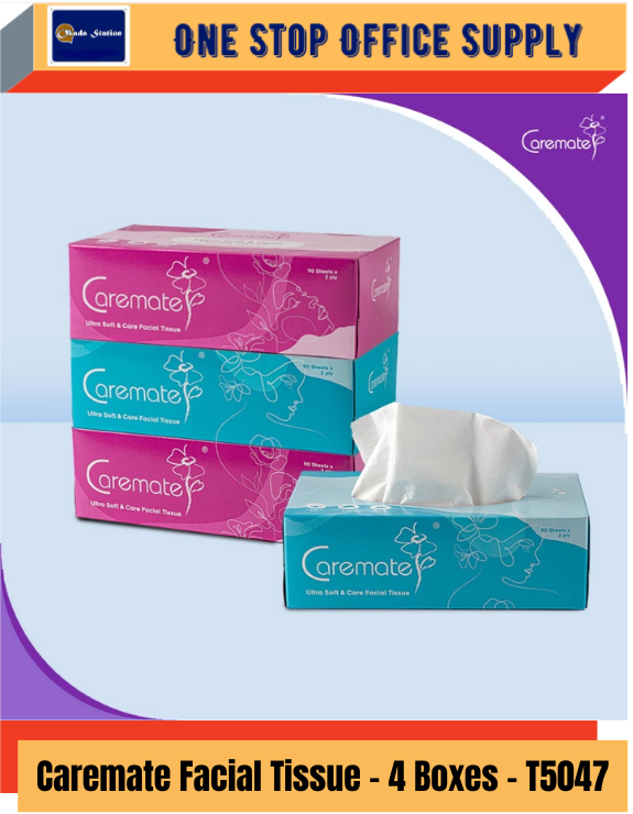 T5047 / Caremate Facial Tissue 4 Boxes / 90's x 2 Ply / DAILY USE / Tisu Lembut Muka Ekonomi