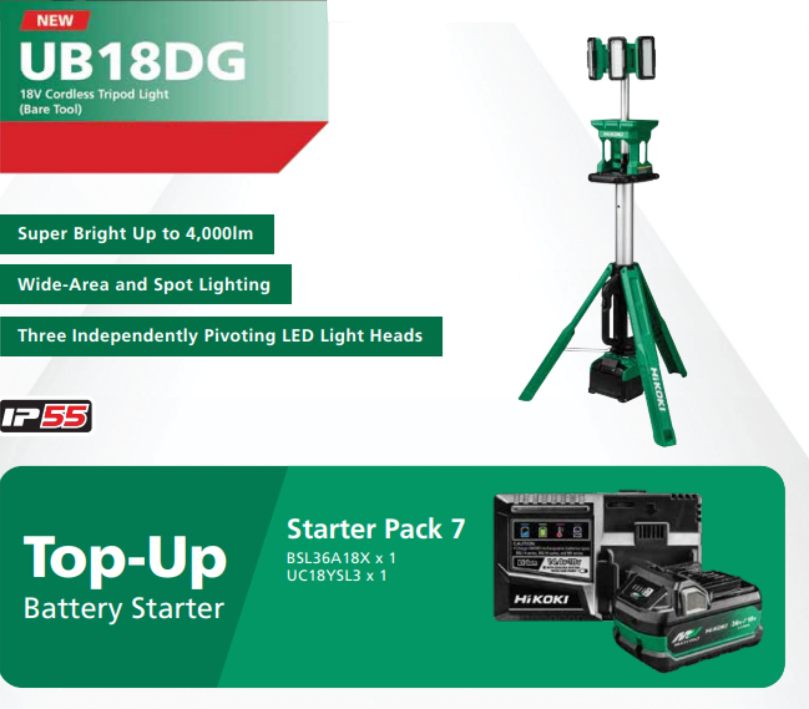 HIKOKI UB18DG 18V CORDLESS TRIPOD LIGHT (BARE TOOL)