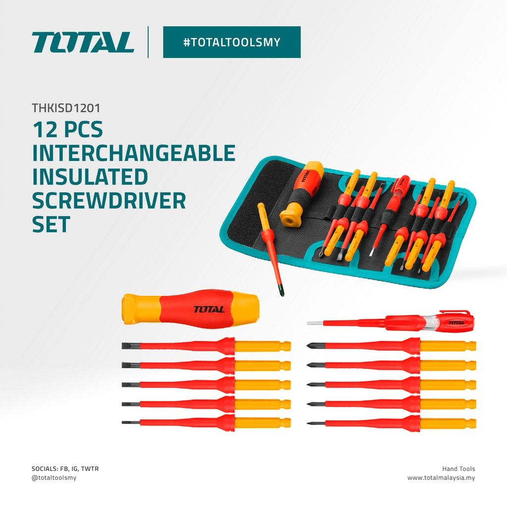 TOTAL INTERCHANGEABLE INSULATED SCREWDRIVER SET PRECISION SLOTTED/FLAT + PHILIPS + HANDLE (100M/12 PCS) THKISD1201 (VDE Approved Certifications)