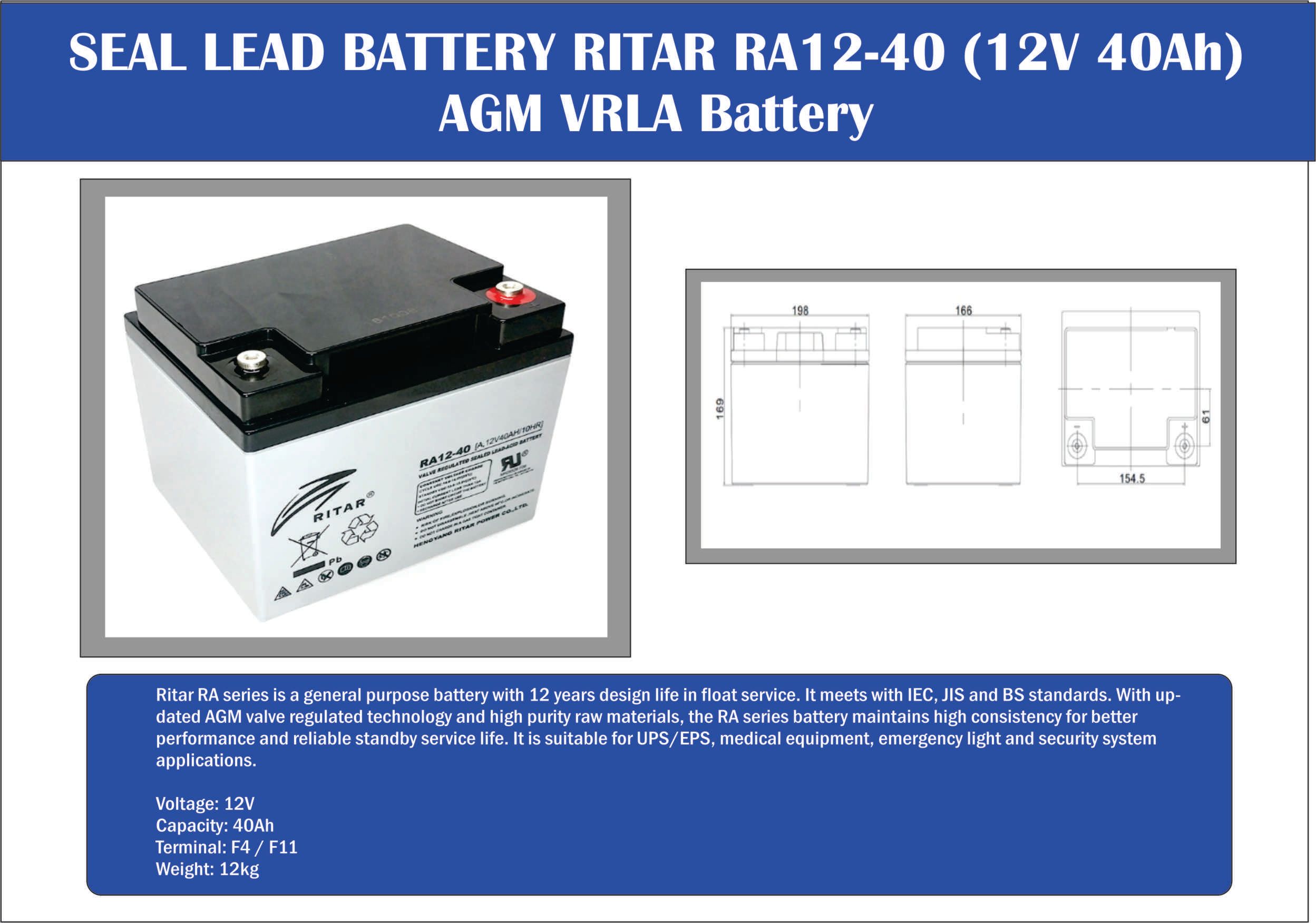 OCHA SEAL LEAD BATTERY RITAR RA12-40 (12V 40Ah) AGM VRLA Battery