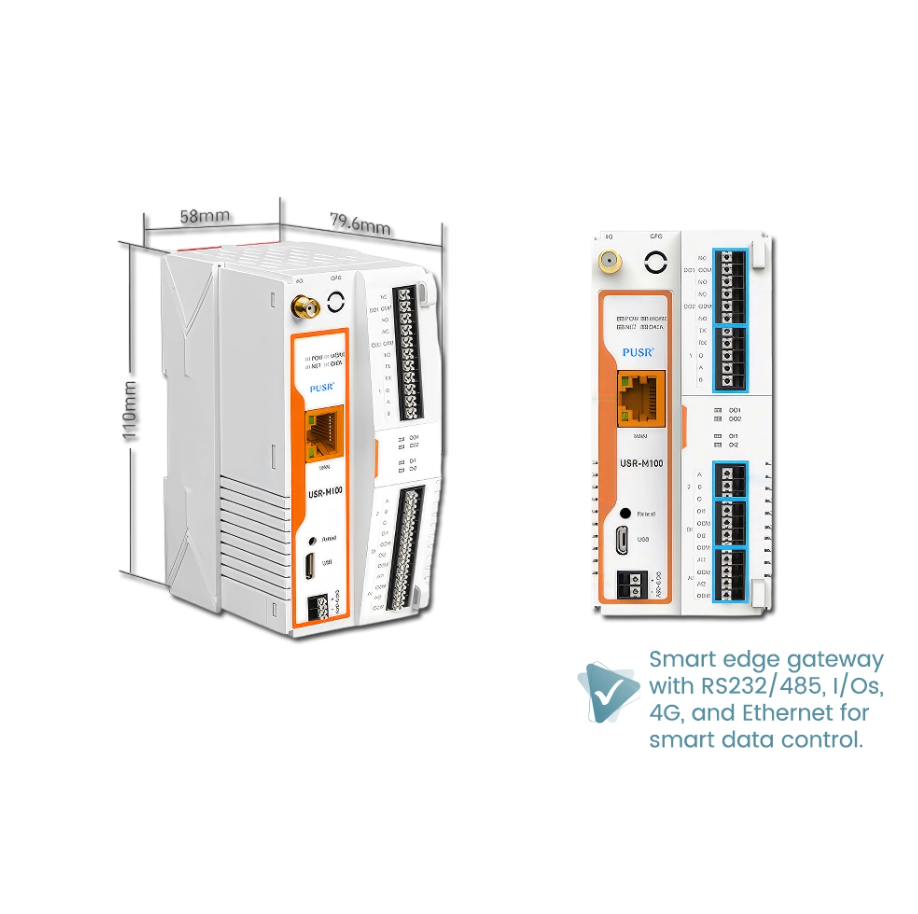 PUSR USR-M100 REMOTE IO EDGE GATEWAY RS232 RS485 DI DO AI MQTT MODBUS TCP UDP DIN RAIL MOUNT