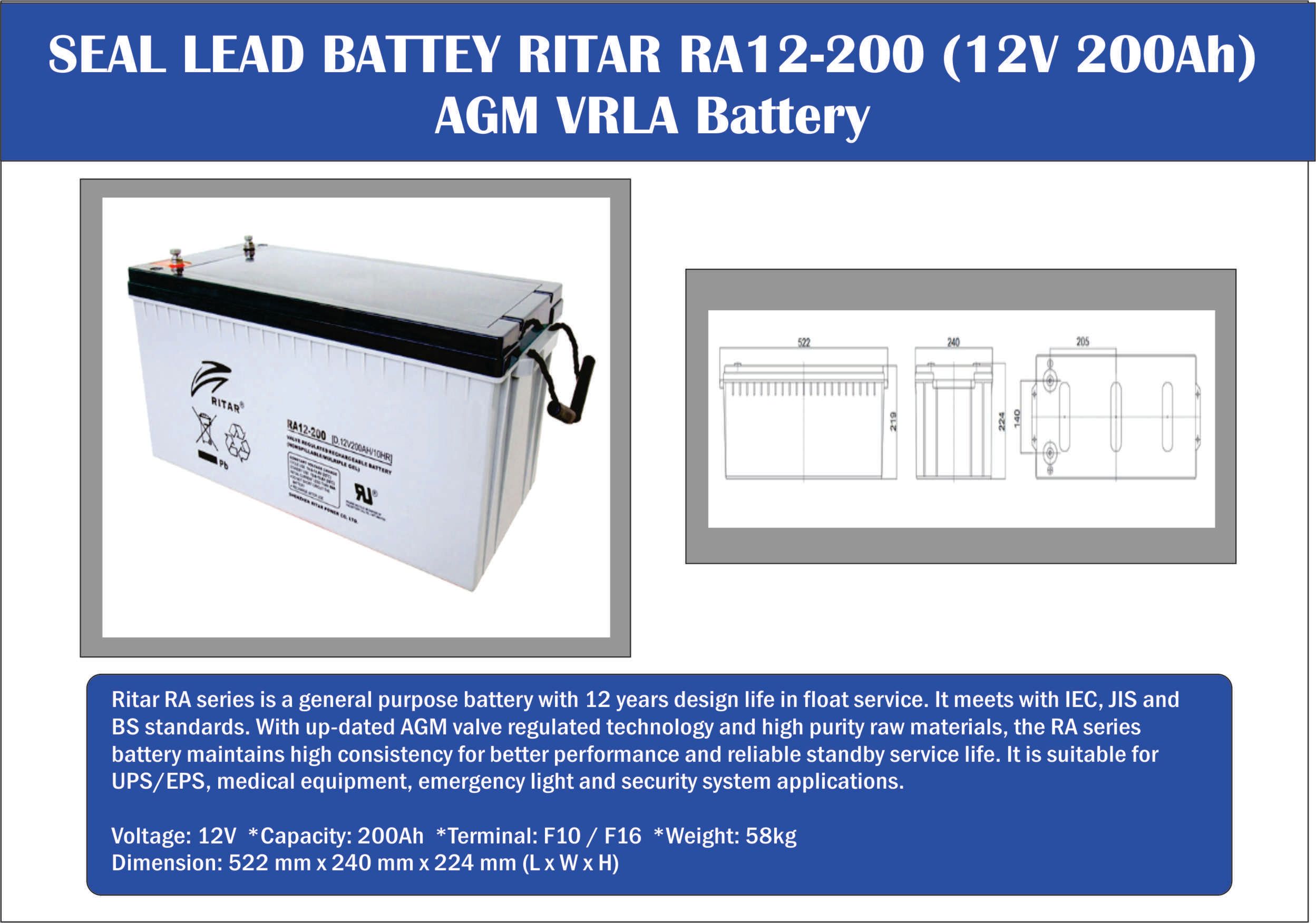 Ocha Seal Lead Battery Ritar RA12-200 (12V 200Ah) AGM VRLA Battery