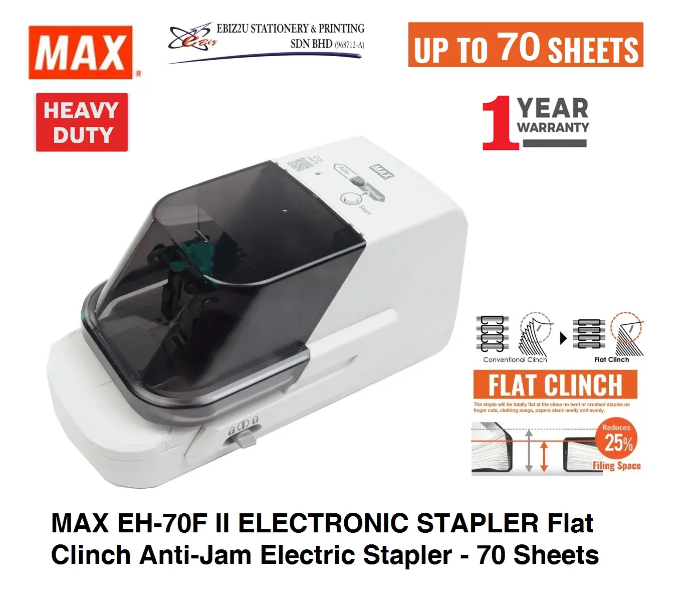 MAX EH-70F II ELECTRONIC STAPLER Flat Clinch Anti-Jam Electric Stapler - 70 Sheets Cap Heavy Duty Stapler, Heavy Duty Staplers, Electric Stapler"