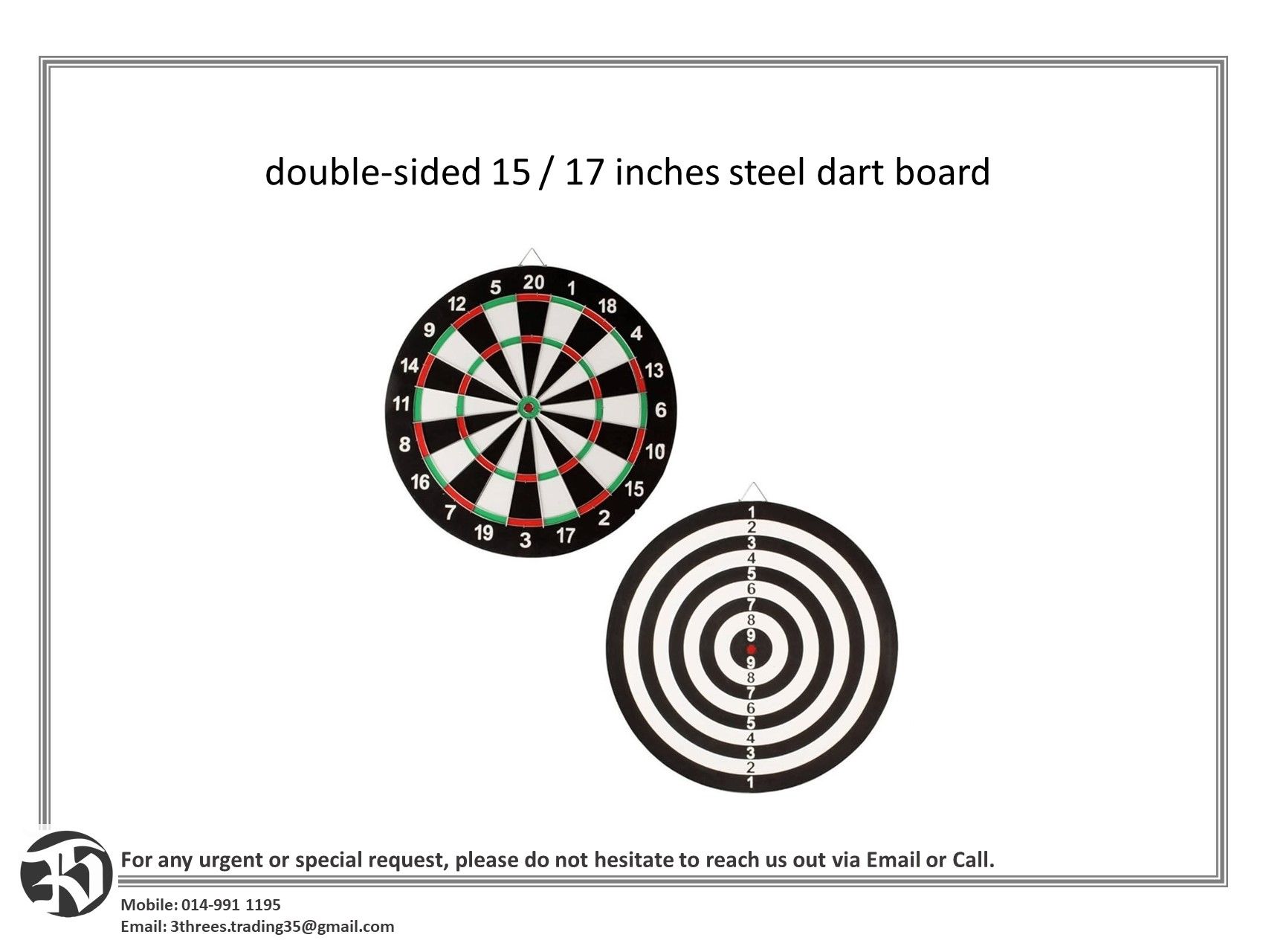 double-sided 15 / 17 inches steel dart board comes with 6 brass darts