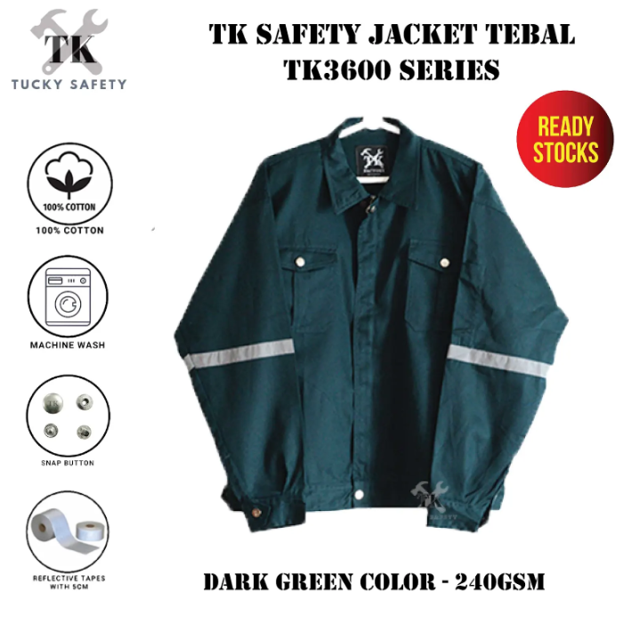 TK3600 - 100% COTTON THICK WORKING JACKETS / SAFETY JACKETS / MEN'S SAFETY WORKING JACKET TEBAL / WORKING JACKET / BAJU KERJA TEBAL LELAKI 240GSM TK3600-DGN-XS