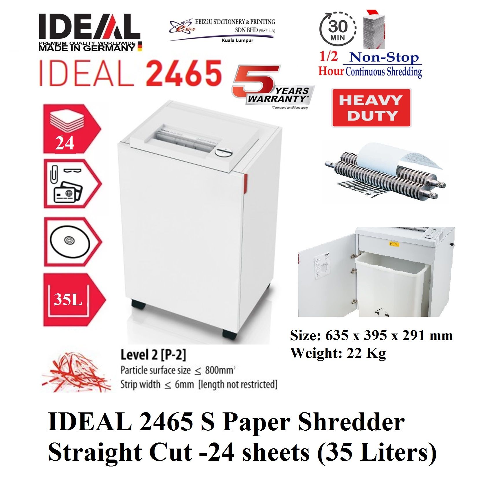 IDEAL 2465 S Paper Shredder Straight Cut -24 sheets (35 Liters) (30 mins non stop, Strip Cut, Straight Cut, Paper Shredder, Shredder Machine, Office Automation, Office Shredder, Mesin Penghancur Kertas, Heavy Duty Shredder, Heavy Duty Paper Shredder)