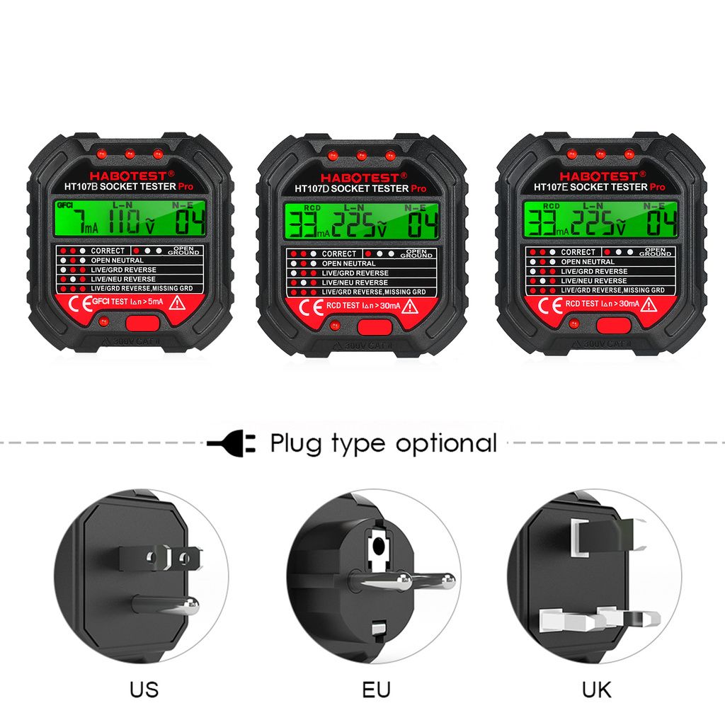 HABOTEST HT107 GFCI Socket Tester Electric Leakage Finder With Voltage Display 48V-250V Outlet Tester Automatic Electric Circuit Polarity Voltage Detector Breaker Finder (UK PLUG)