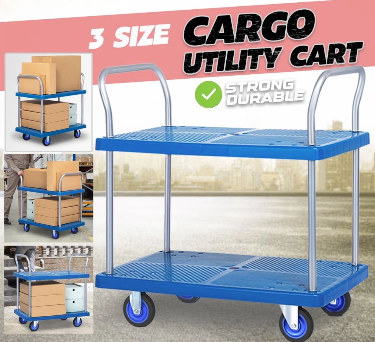 Trolley Platform Trolley Heavy Duty Hand Truck Trolley Cart PVC Cargo Trolley Troli Angkat Barang Troli Serbaguna Plastik Beroda