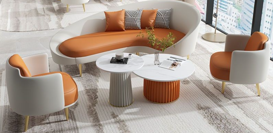 Easy Clean Sofa Set With Table Curve Living Room Sofa Reception Lounge - appricot + orange (3 seat + 3 single chair + table )