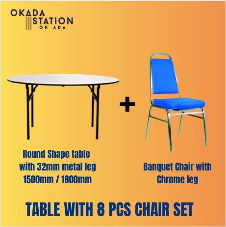ROUND BANQUET TABLE WITH 8 UNITS BANQUET CHAIR CHROME LED / 1500MM / 1800MM / 32MM METAL LEG