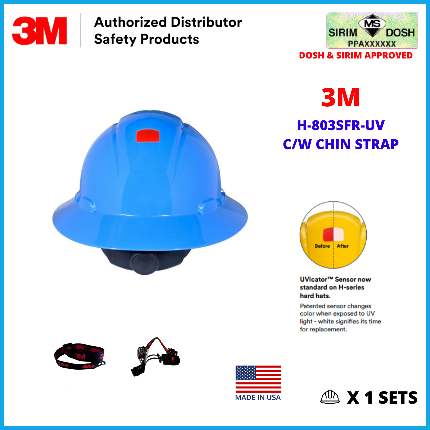 3M Full Brim Safety Helmet 801, 802, 803, 804, 805, 806, 807, 808, 809SIRIM AND DOSH APPROVE JKKP/2022/12-01/00020. 3M™ SecureFit™ Full Brim Hard Hat H-800SFR-UV, 4-Point Pressure Diffusion Ratchet Suspension, with UVicator