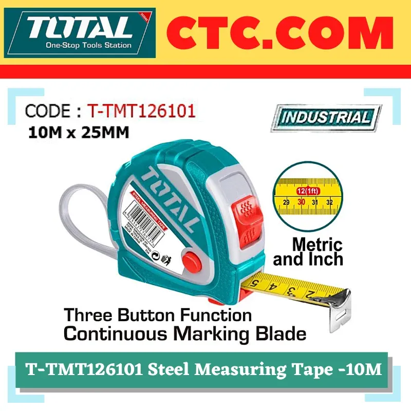 TOTAL - 10M X 25MM Steel Measuring Tape(Industrial) - (T-TMT126101) / Measuring tape / Measuring Ruler / Pull Ruler / Measuring Tool / Ruler