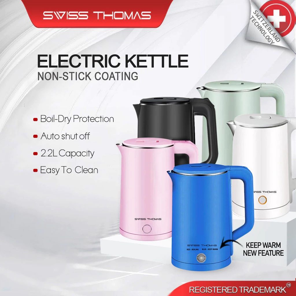 SwissThomas Auto Boiling Electric Kettle Double Layer Heat Insulation Keep Warm Function 2.2L (Random Colour)
