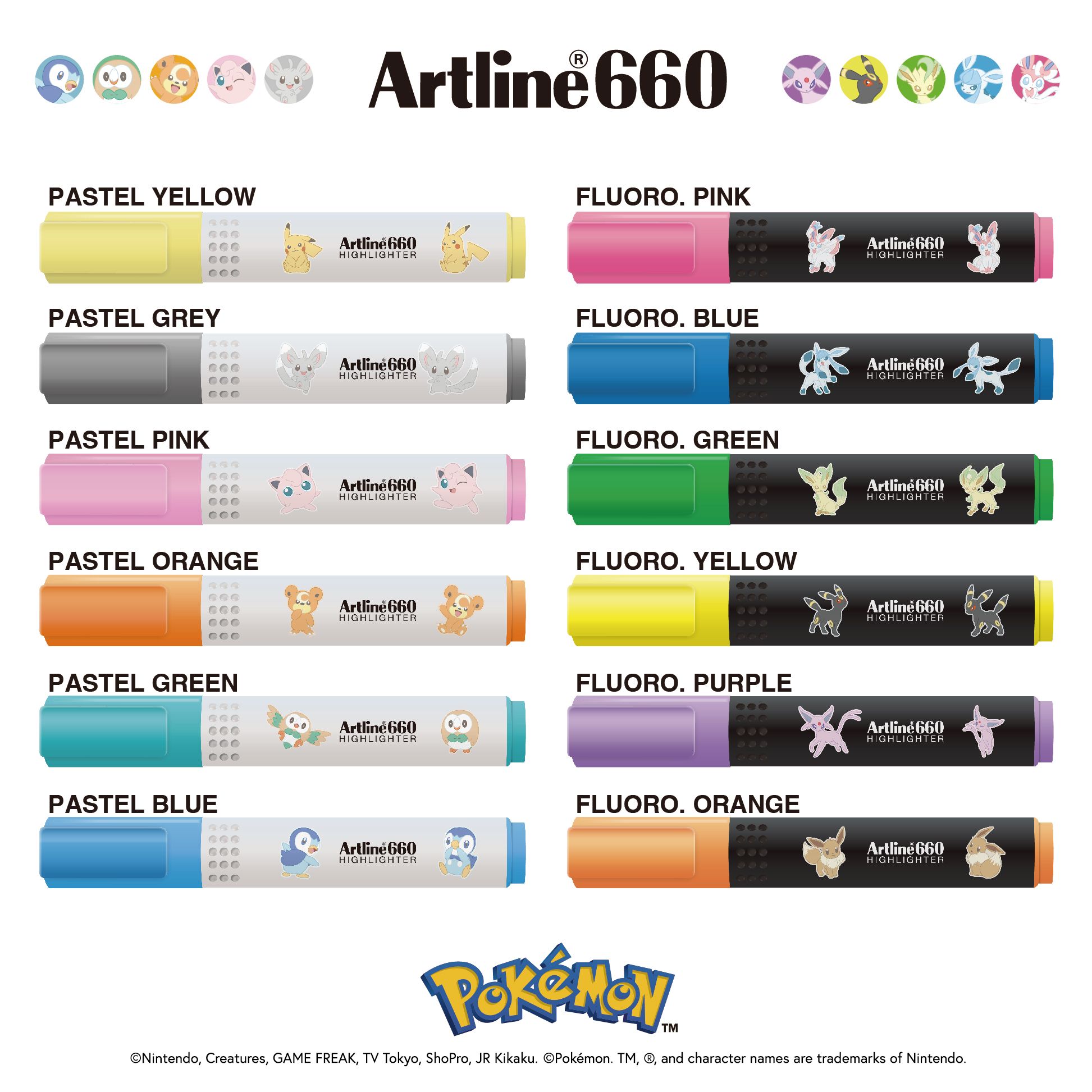 Artline 660 Highlighter Pokémon edition 6pcs Colour Set - 1.0mm - 4.0mm | Chisel Highlight Pen | Pokemon Set 1 (Pastel)