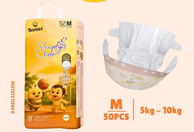 Beenies Sleepfy Tape Baby Diaper NB–M | Jumbo Pack Lampin Bayi Jenis Tape – All Night Comfort 11302-M50 Tape 1pk SL-11300-11302