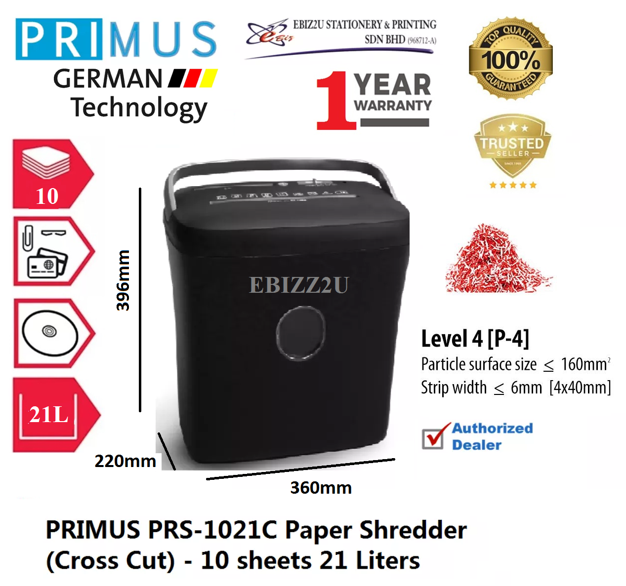 PRIMUS PRS-1021C Paper Shredder (Cross Cut) - 10 sheets 21 Liters (Cross Cut, Paper Shredder, Shredder Machine, Office Shredder, Heavy Duty Shredder, Mesin Penghancur Kertas)