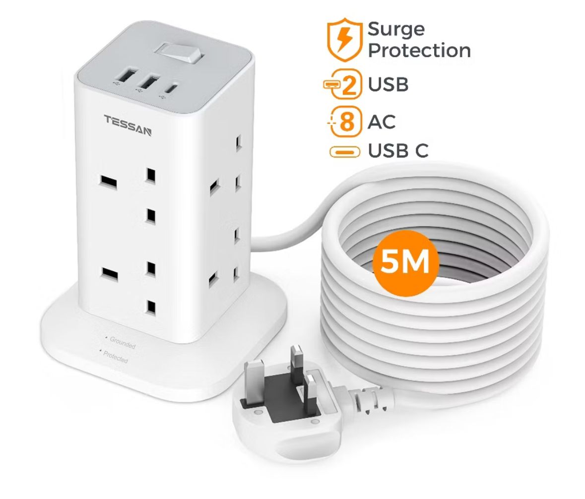 Extension Plug with 3 USB, 5M Extension Cord Plug Extension Power Strip USB Adapter (3 USB (1C)+8AC+5M TPS03-UK-C)