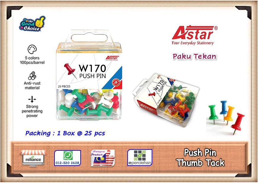 Push Pin (Mix Color) / Thumb Tack / Paku Tekan Warna-Warni / Thumb Pin # Astar W170 # Buatan Malaysia # RS2487 ( KTT : 1 Kotak @ 25 pcs )