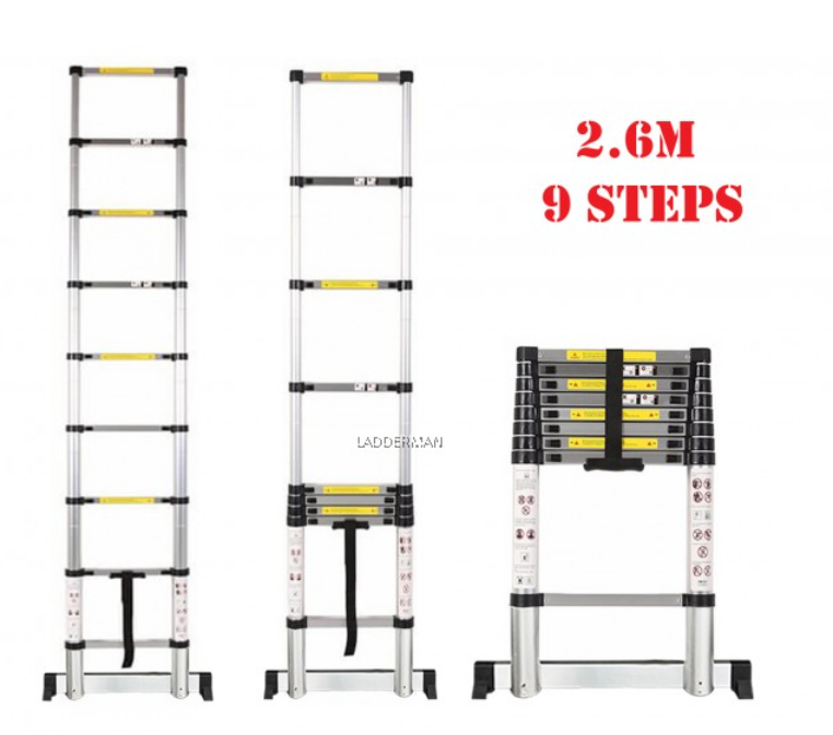 HIGH QUALITY ALUMINIUM TELESCOPIC EXTENDABLE LADDER 2.6M WITH 9 STEPS