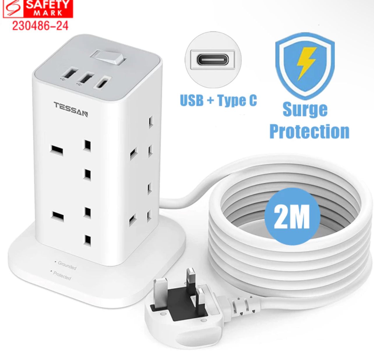 Tessan Multi Plug Tower Extension Socket with 3 USB(Type C), Surge Protector Extension Cord with Switch, Plug Socket Power Strip with 2M Cable
