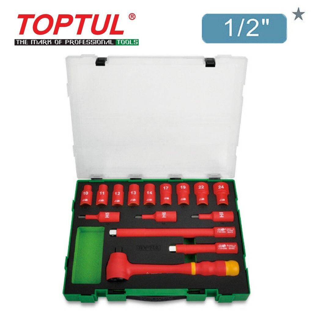 TOPTUL 15PCS 1/2" DR. VDE 6PT FLANK SOCKET SET GZC1507