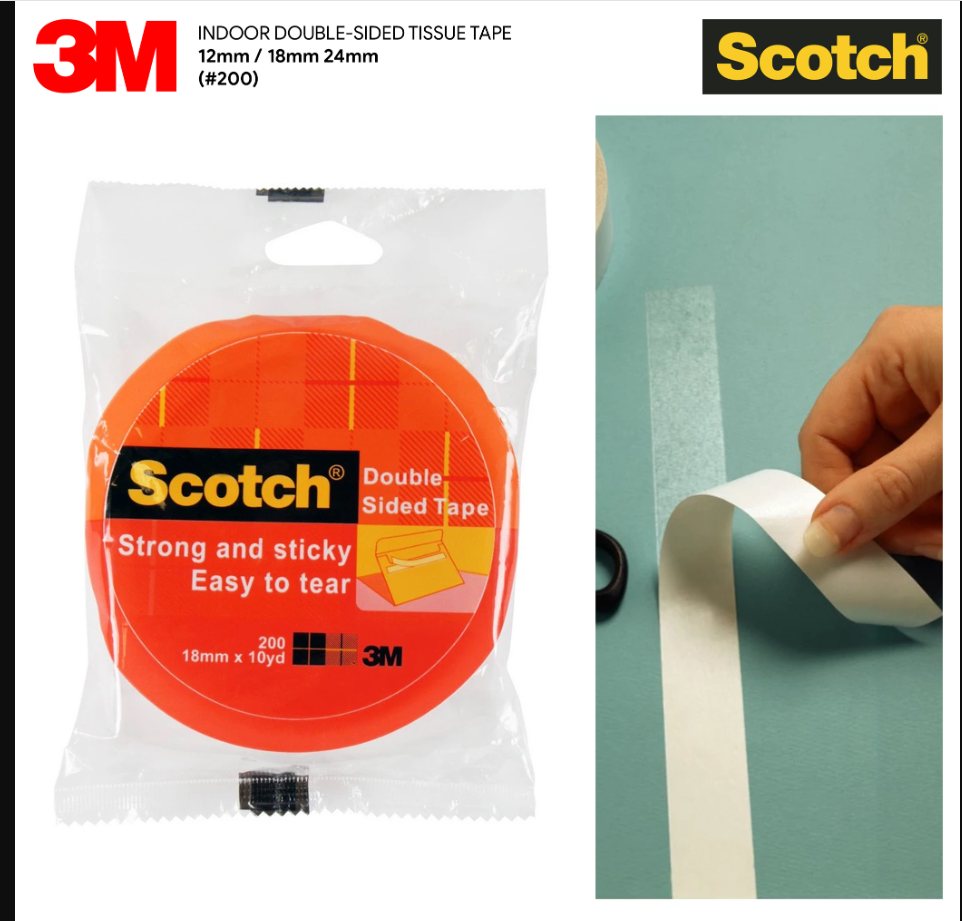 3M SCOTCH DOUBLE SIDED TISSUE TAPE #200 12MM 18MM 24MM 10YD