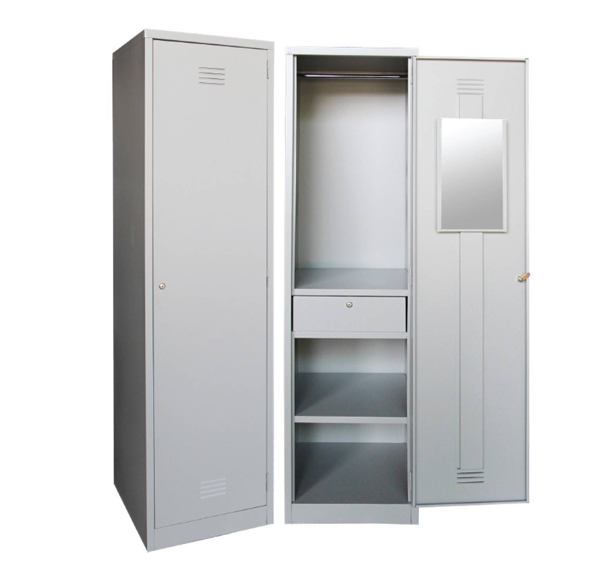 STERLING 1 COMPARTMENT STEEL LOCKER WITH STEEL SWINGING DOOR C/W 1 CLOTH HANGING BAR, 1 MIRROR, 1 CENTRE DRAWER WITH CAMLOCK & 1 FIXED SHELF AT BOTTOM (SCM-0002)