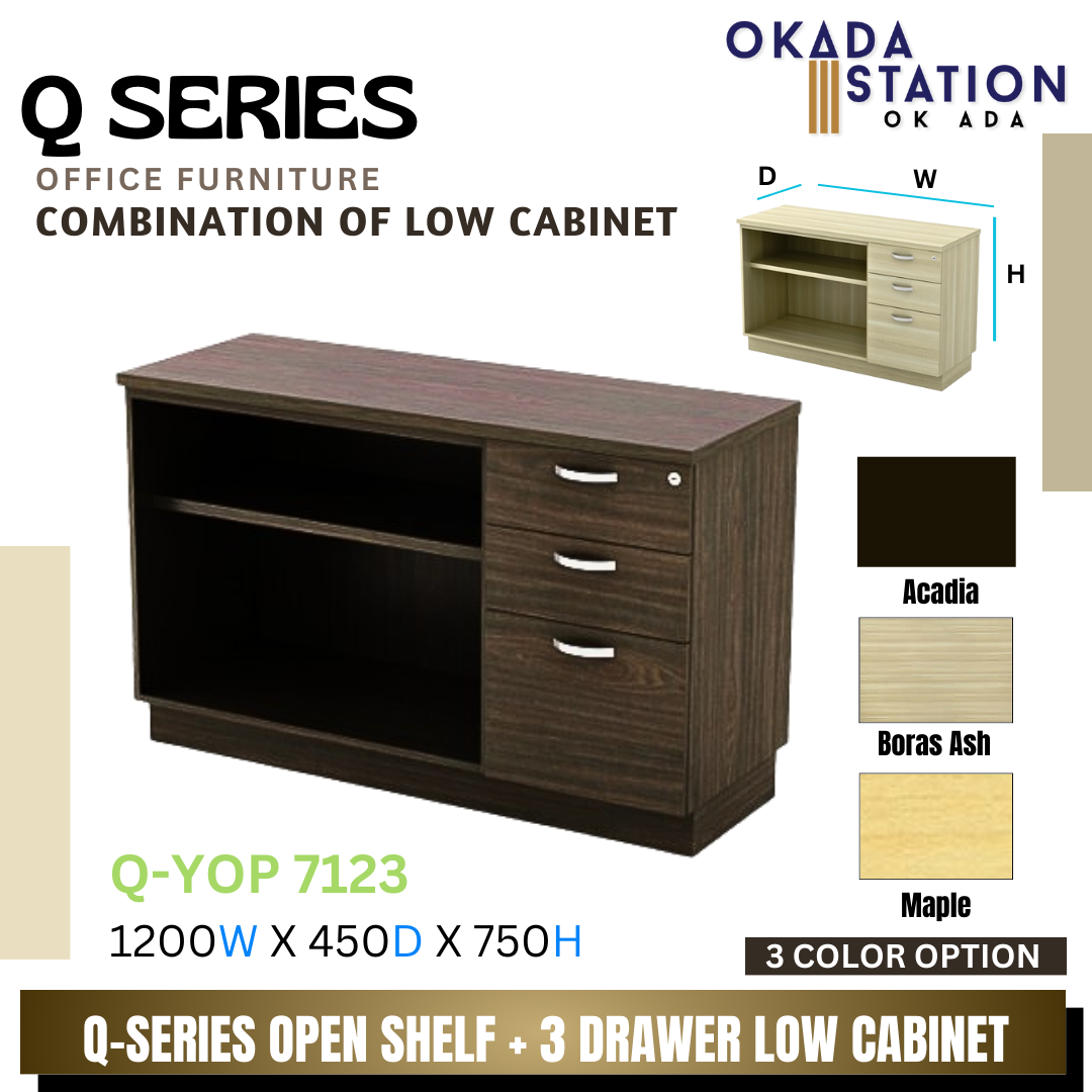 Q SERIES OPEN SHELF + 3 DRAWER FIXED PEDESTAL COMBINATION LOW CABINET- (Q-YOP 7123) / Q SERIES / WOODEN COMBINATION LOW CABINET / COMBINATION LOW CABINET / LOW CABINET / OPEN SHELF + FIXED PEDESTAL 2D1F / CABINET