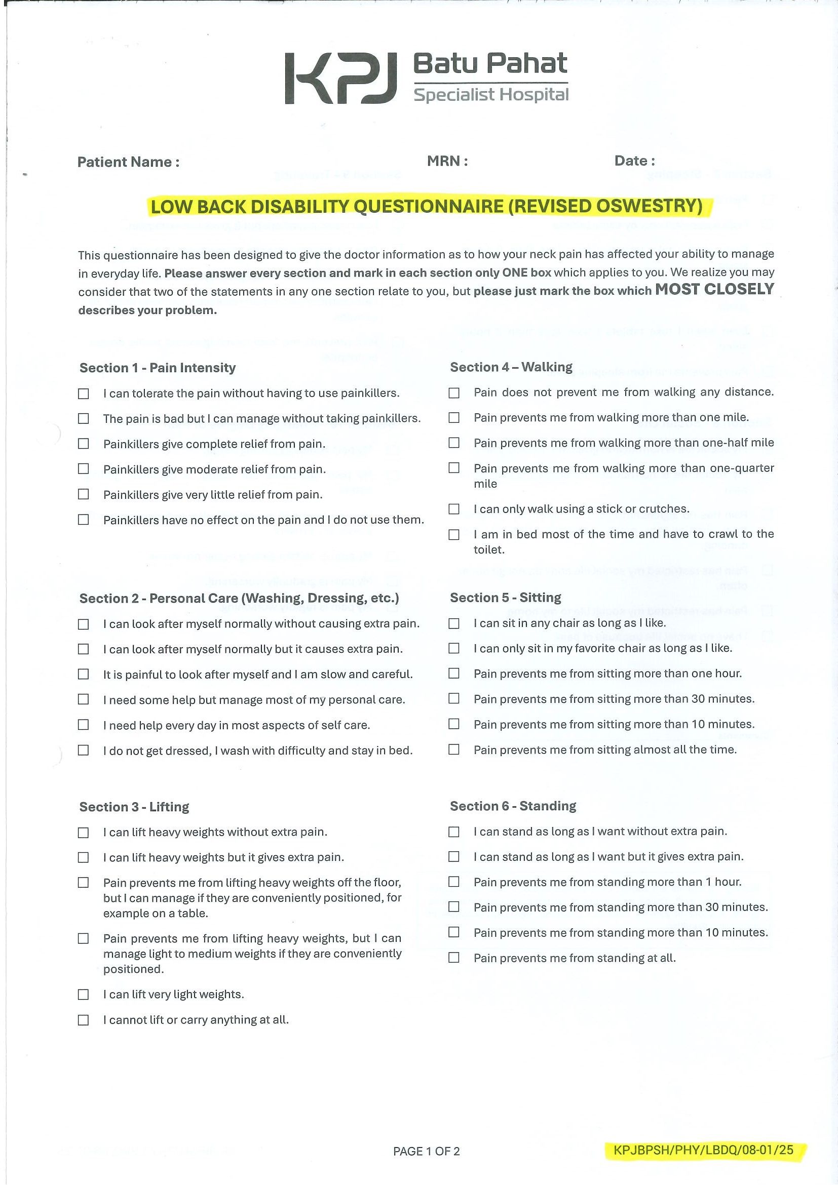 Low Back Disability Questionnaire (Revised Oswestry)