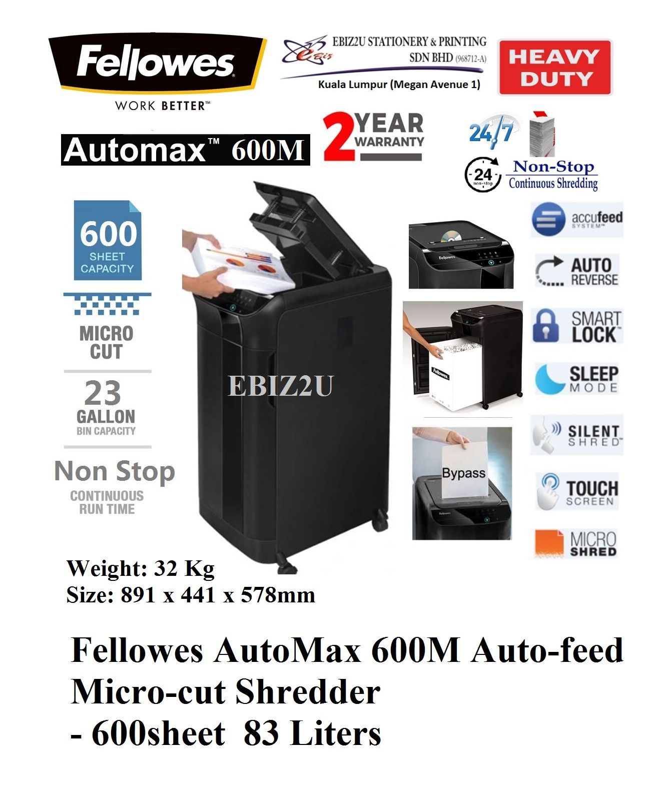 Fellowes AutoMax 600M Auto-feed Micro-cut Shredder - 600-sheet 83 Liters, (Micro Cut, Paper Shredder, Shredder Machine, Office Shredder, Heavy Duty Shredder, Mesin Penghancur Kertas)
