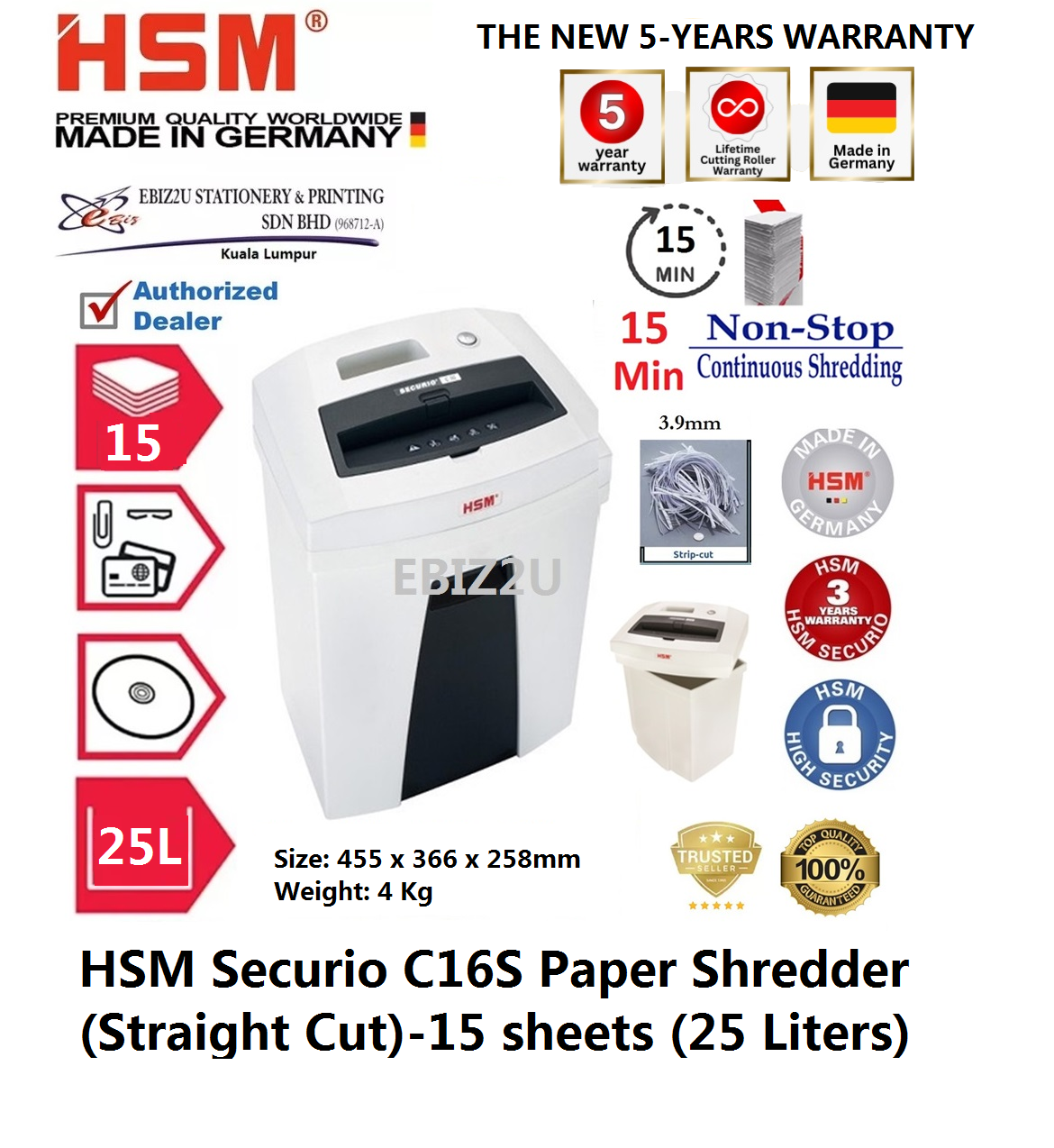 HSM Securio C16 S Paper Shredder (Straight Cut)-15 sheets (25 Liters) C16S (Strip Cut, Personal Shredder, Paper Shredder, Shredder Machine, Office Shredder, Home Shredder, Mesin Penghancur Kertas)