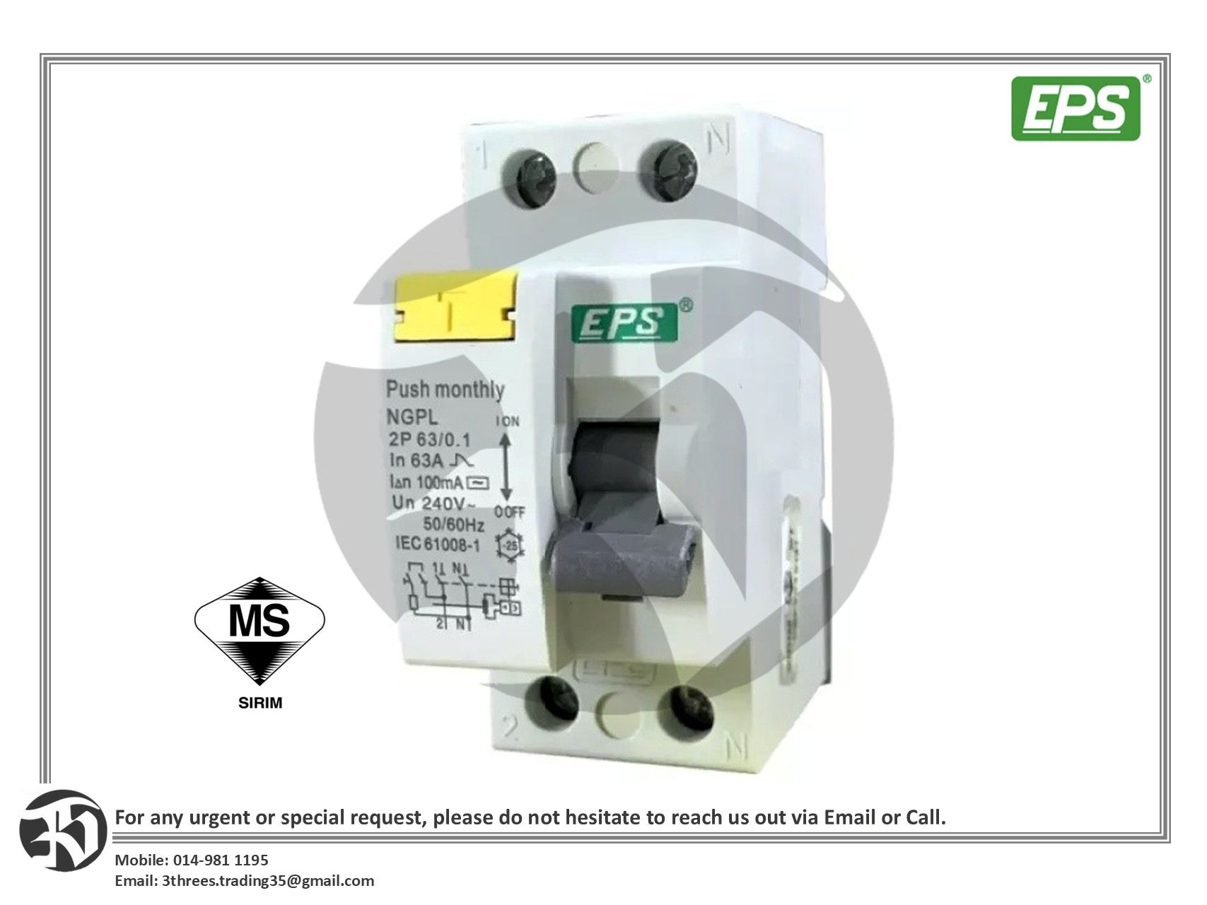 EPS 2 Pole 16A/20A/25A/40A/63A 10mA-100mA Earth Leakage Circuit Breakers (ELCB)