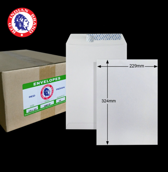 9"X12.75" RED INDIAN 100GM WHITE P&S POCKET ENVELOPE (250'S X 4 BOXES)