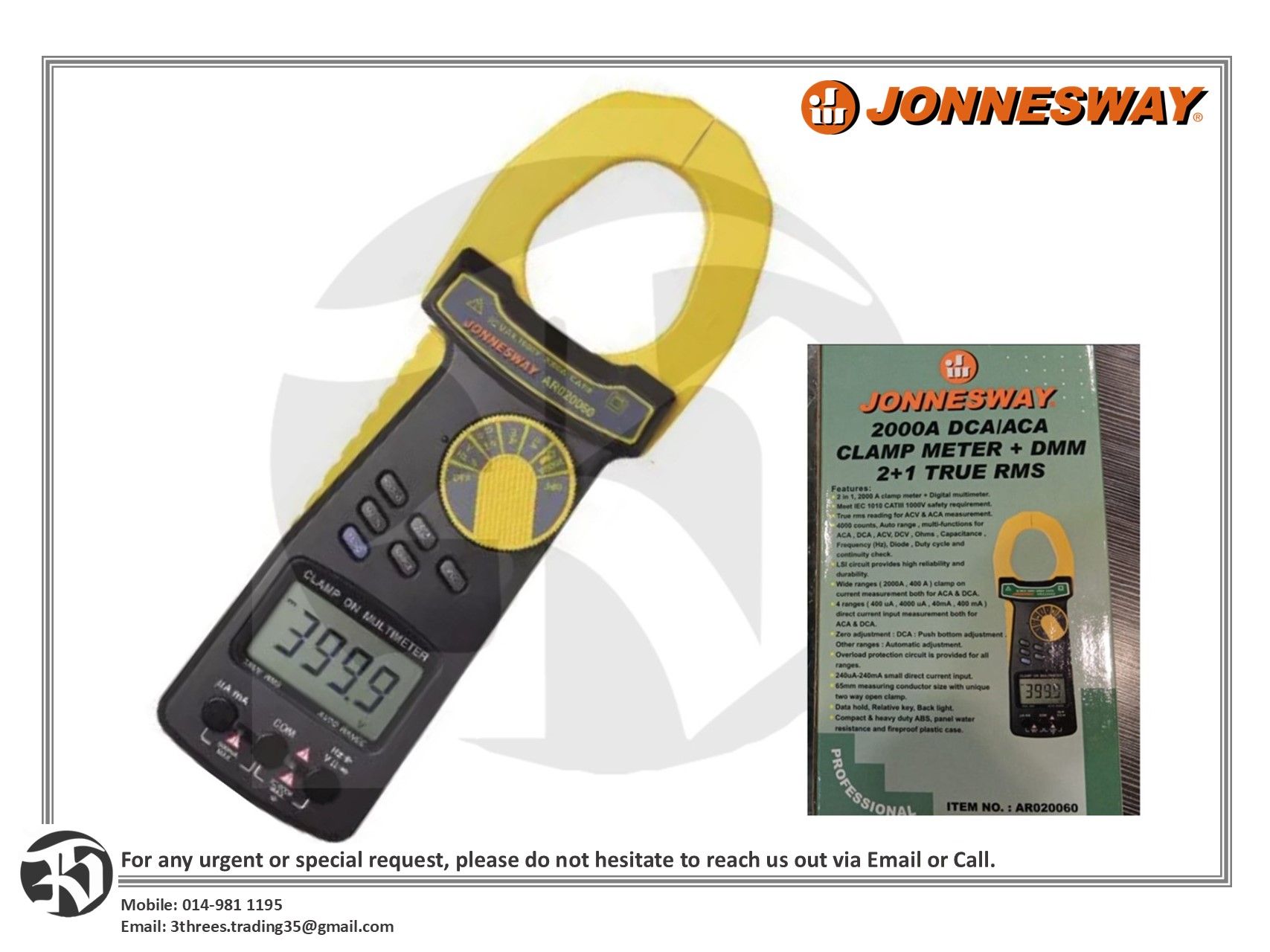 JONNESWAY 2000A DCA/ACA Digital Clamp Meters, True RMS