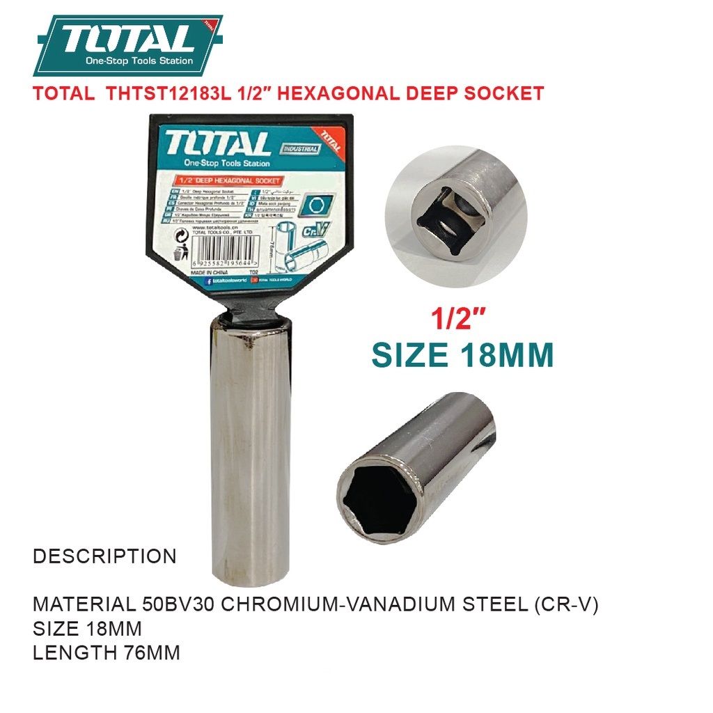 TOTAL 1/2″ Hexagonal Deep Socket SIZE: 18MM(THTST12183L)
