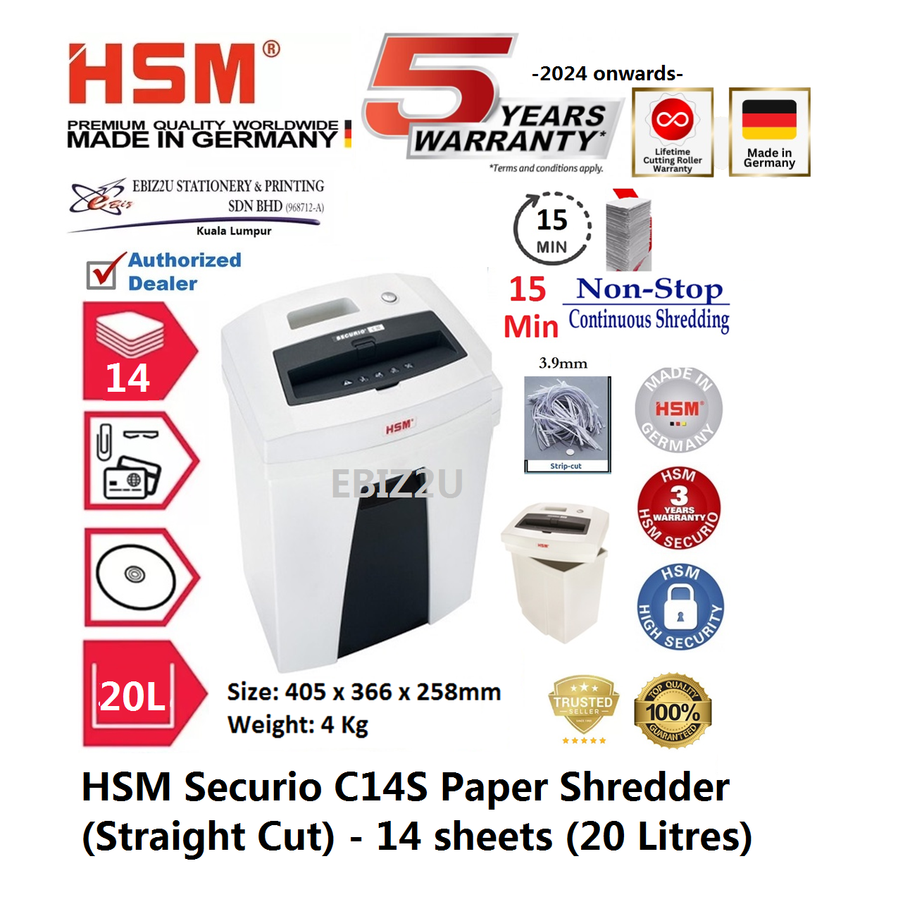HSM Securio C14 S Paper Shredder (Straight Cut) - 14 sheets (20 Litres) C14S (Strip Cut, Personal Shredder, Paper Shredder, Shredder Machine, Office Shredder, Home Shredder, Mesin Penghancur Kertas)