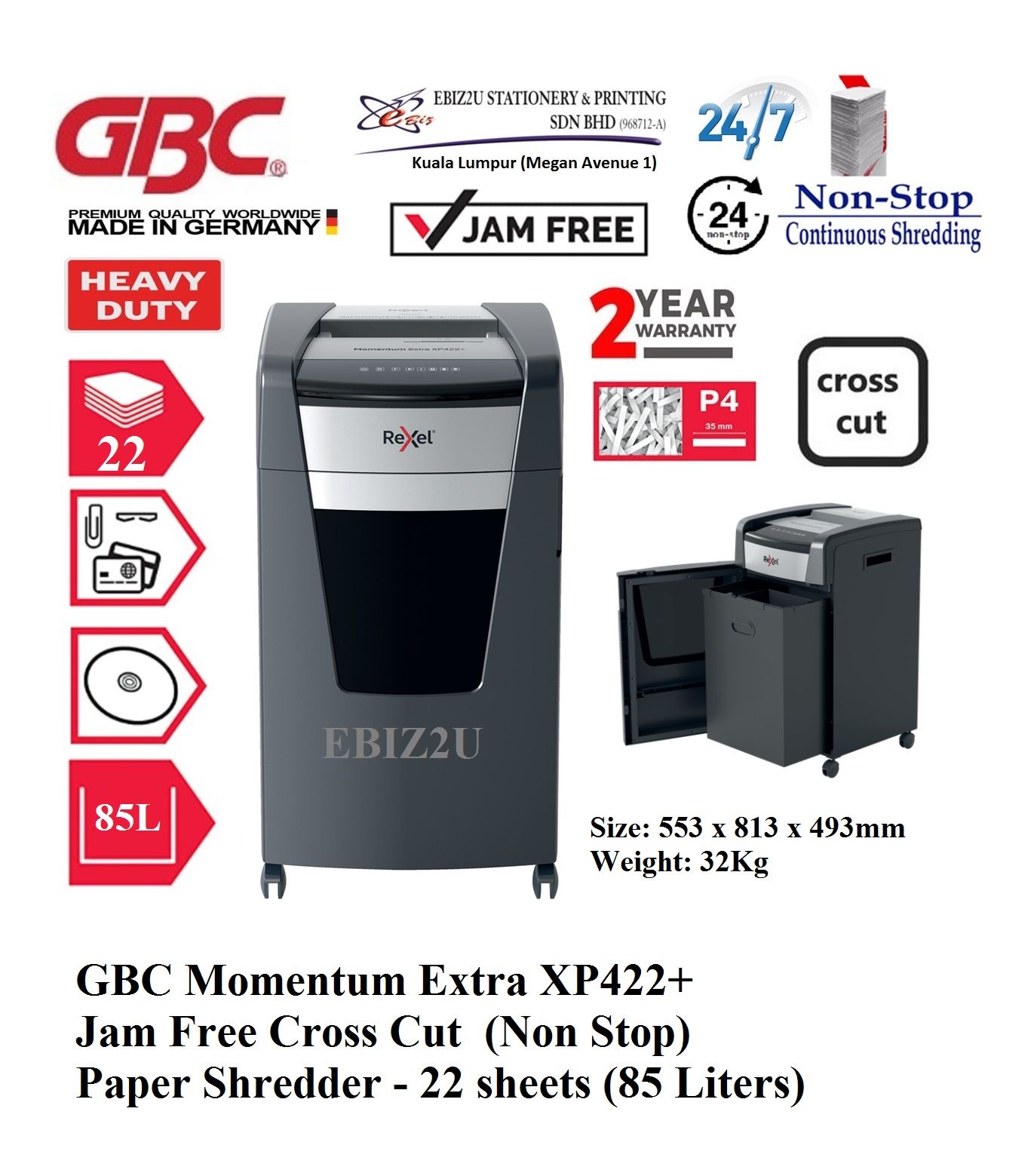 GBC Momentum Extra XP422+ Jam Free Cross Cut (Non Stop) Paper Shredder - 22 sheets (85 Liters) (Non Stop, Cross Cut, Paper Shredder, Shredder Machine, Office Shredder, Mesin Penghancur Kertas, Heavy Duty Shredder, Heavy Duty Paper Shredder)