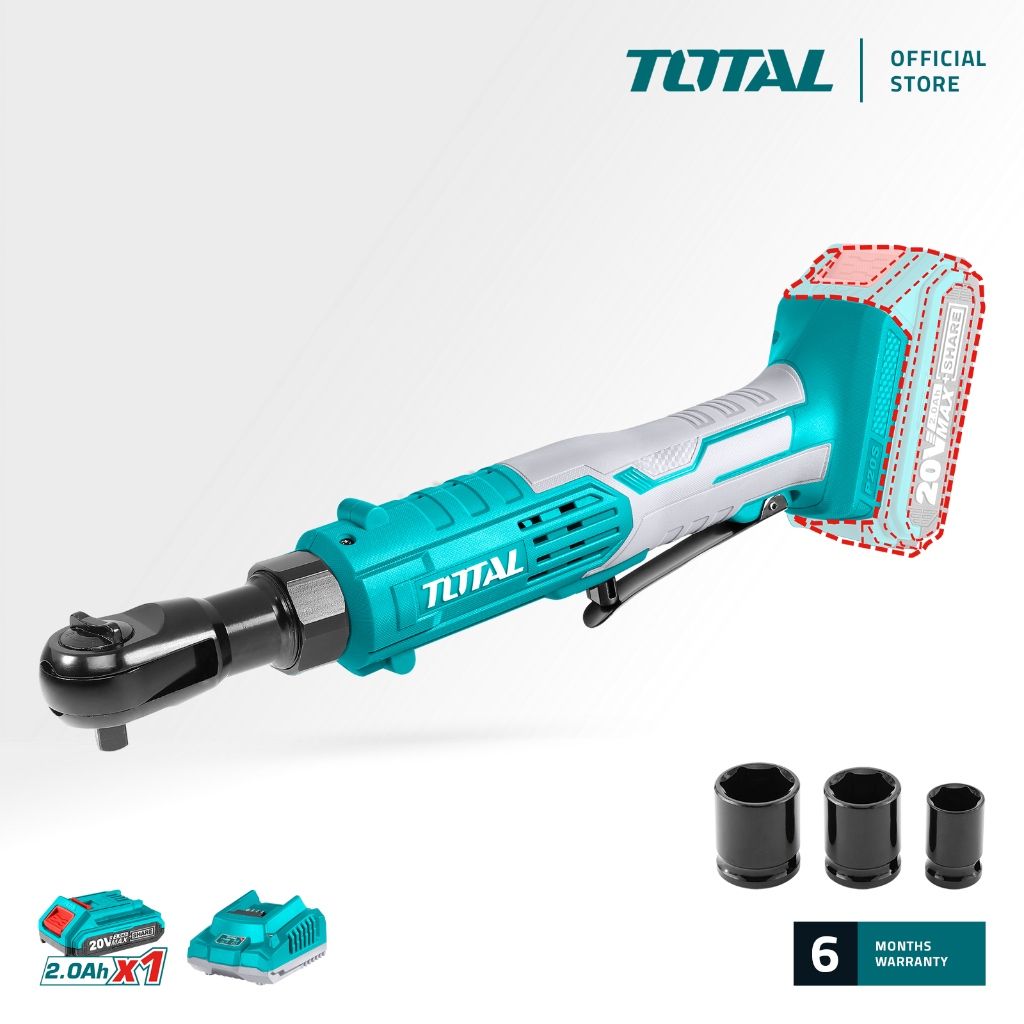 TOTAL LI-ION DRIVE RATCHET (3/8"/65NM/20V) + 2.0AH BATTERY + CHARGER + SOCKET (3 PCS) P20S TDRLI206015