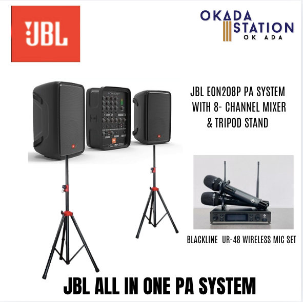 JBL EON208P Portable PA System Set (2 speakers) / JBL Speaker - 8 Inch with 8 Channel Mixer / with Stand / with 2 wireless Mic / PA SYSTEM