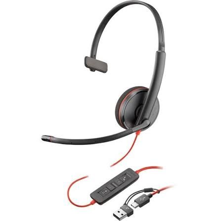 Poly Blackwire 3310 Monaural USB-C Headset +USB-C/A Adapter